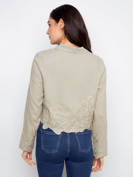 CHARLIE B C6398 LINEN JACKET WITH EMBROIDERED HEM