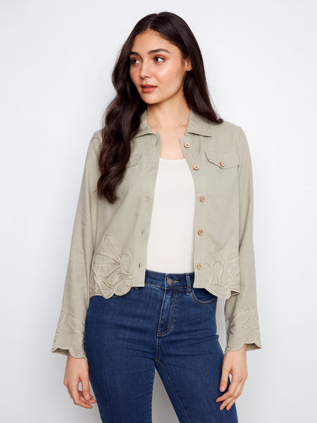 CHARLIE B C6398 LINEN JACKET WITH EMBROIDERED HEM