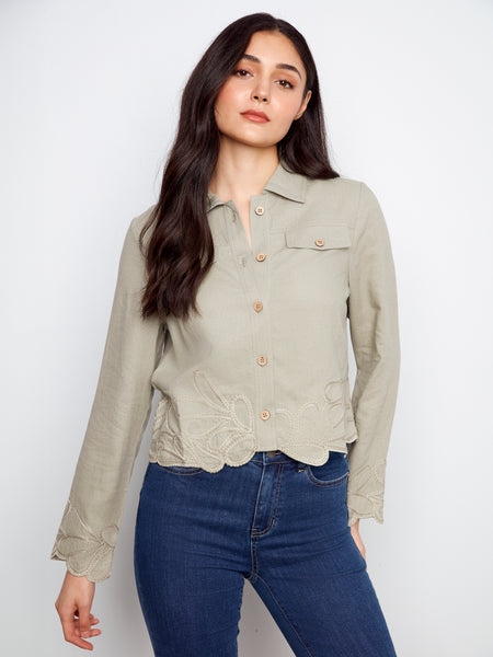 CHARLIE B C6398 LINEN JACKET WITH EMBROIDERED HEM