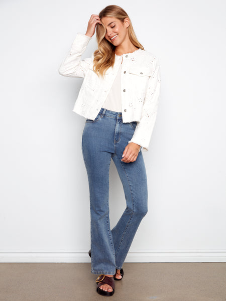 CHARLIE B C6404 EYELET RING SPUN DENIM COLLARLESS JACKET