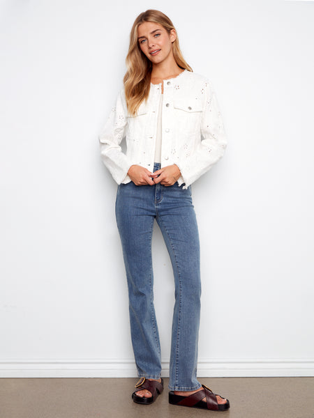CHARLIE B C6404 EYELET RING SPUN DENIM COLLARLESS JACKET