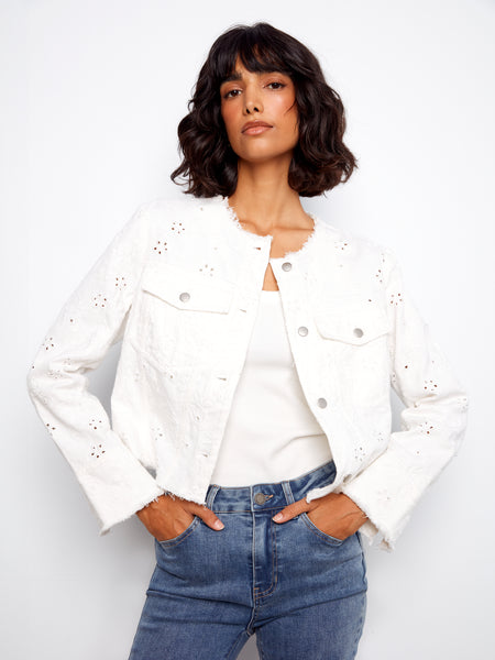 CHARLIE B C6404 EYELET RING SPUN DENIM COLLARLESS JACKET