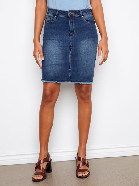 CHARLIE B C7042TT STRETCH DENIM SKORT WITH FRAYED HEM- 3 COLOURS
