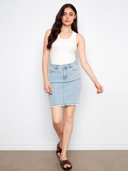 CHARLIE B C7042TT STRETCH DENIM SKORT WITH FRAYED HEM- 3 COLOURS