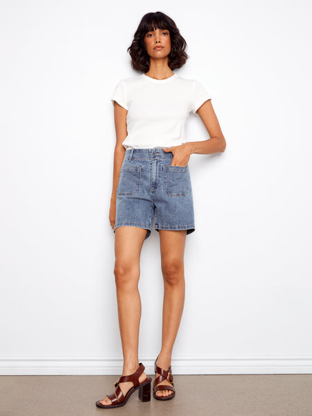 CHARLIE B C8051RR STRETCH DENIM SHORTS WITH PATCH POCKETS-4 COLOURS