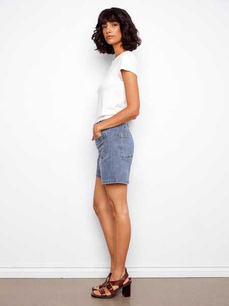 CHARLIE B C8051RR STRETCH DENIM SHORTS WITH PATCH POCKETS-4 COLOURS