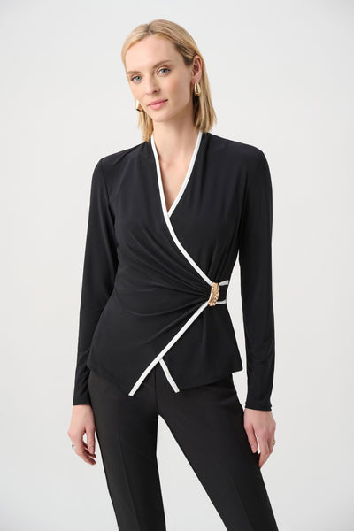 JOSEPH RIBKOFF 263053 Silky Knit Contrast Trim Wrap Top