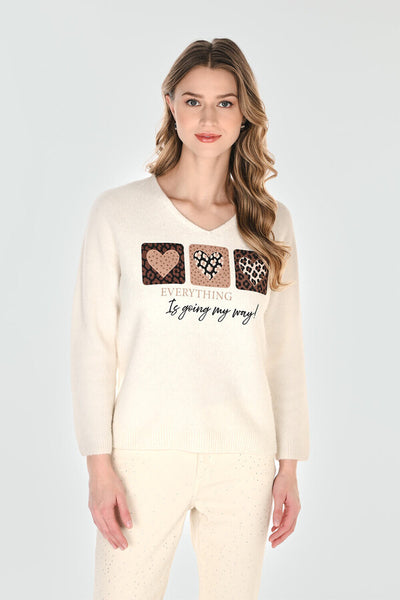 Frank Lyman 264813  V-neck Knit Sweater With Leopard Heart Graphic Style 264813