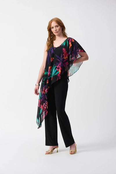 JOSEPH RIBKOFF 251152 Silky Knit Jumpsuit With Tropical Chiffon Overlay