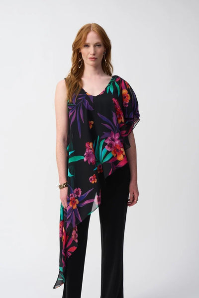 JOSEPH RIBKOFF 251152 Silky Knit Jumpsuit With Tropical Chiffon Overlay