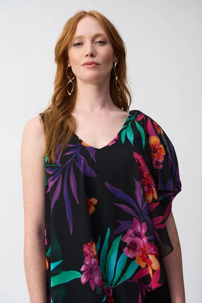 JOSEPH RIBKOFF 251152 Silky Knit Jumpsuit With Tropical Chiffon Overlay