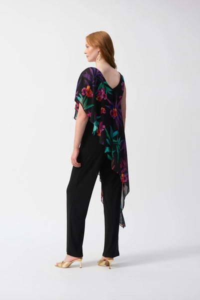 JOSEPH RIBKOFF 251152 Silky Knit Jumpsuit With Tropical Chiffon Overlay