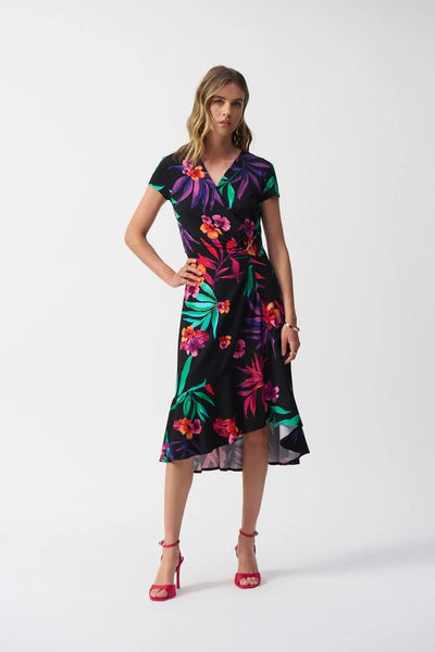 JOSEPH RIBKOFF 251011 Silky Knit Tropical Print Wrap Dress