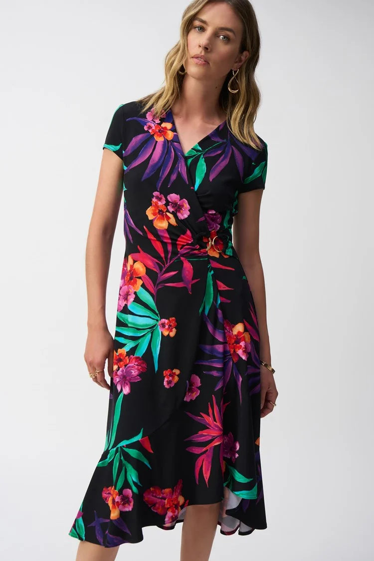 JOSEPH RIBKOFF 251011 Silky Knit Tropical Print Wrap Dress