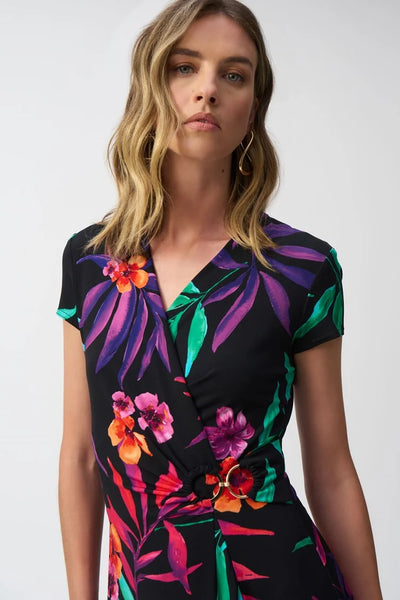 JOSEPH RIBKOFF 251011 Silky Knit Tropical Print Wrap Dress