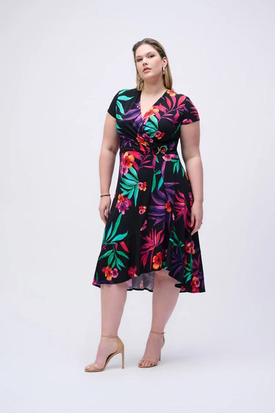 JOSEPH RIBKOFF 251011 Silky Knit Tropical Print Wrap Dress