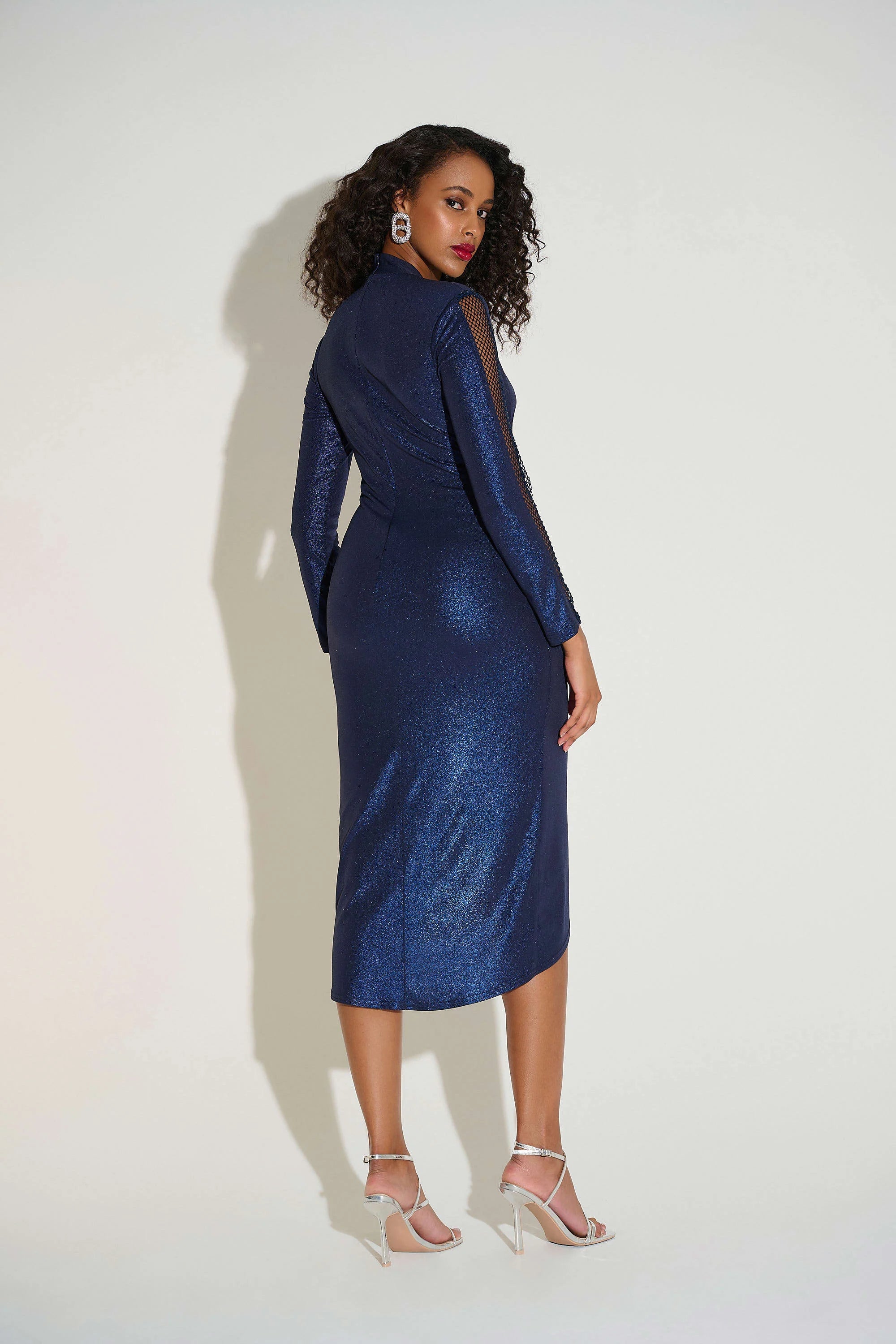 Joseph Ribkoff 253742 Foiled Knit Wrap Dress With Mesh Sleeve
