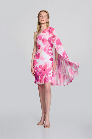 Joseph Ribkoff 242716 Chiffon Floral One Shoulder Cape Dress