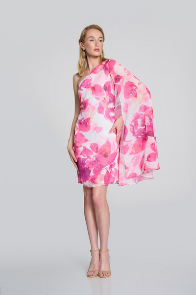 Joseph Ribkoff 242716 Chiffon Floral One Shoulder Cape Dress