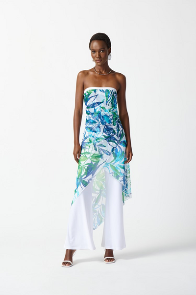 Joseph Ribkoff 242024 Mesh And Silky Knit Tropical Print Jumpsuit