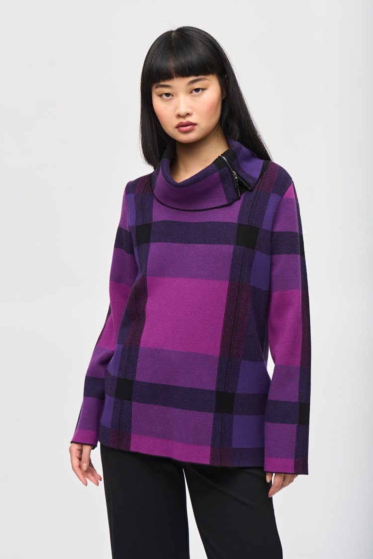 Joseph Ribkoff 243943 Plaid Jacquard Cowl Neck Sweater