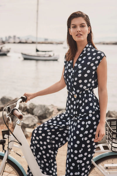 JOSEPH RIBKOFF 261250 Georgette Dot Print Wrap Peplum Top With Gold Buttons