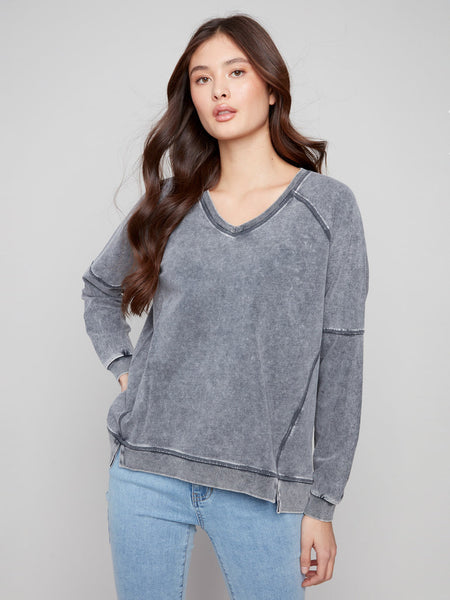 CHARLIE B C1407 COLD DYE FRENCH TERRY V-NECK RAGLAN SLEEVES TOP 2 COLOURS