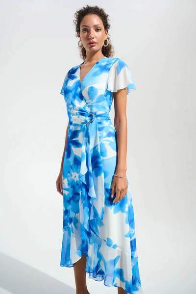 Joseph Ribkoff 261739 Chiffon Print Wrap Dress With Ruffle Detail in two prints