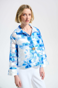 Joseph Ribkoff 261747 Signature | Jacquard Organza Floral Print Trapeze Jacket With Statement Button