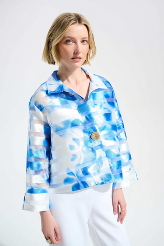 Joseph Ribkoff 261747 Signature | Jacquard Organza Floral Print Trapeze Jacket With Statement Button