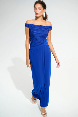 Joseph Ribkoff 261733  Signature | Silky Knit And Cascade Off-Shoulder Sheath Gown