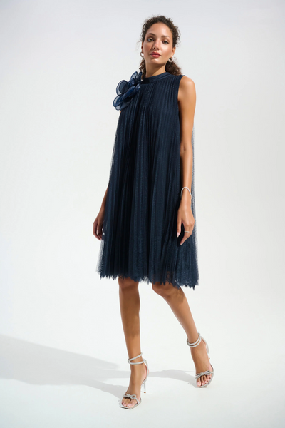 Joseph Ribkoff 261737 Signature | Mesh And Lace A-Line Dress With Organza Flower Detail