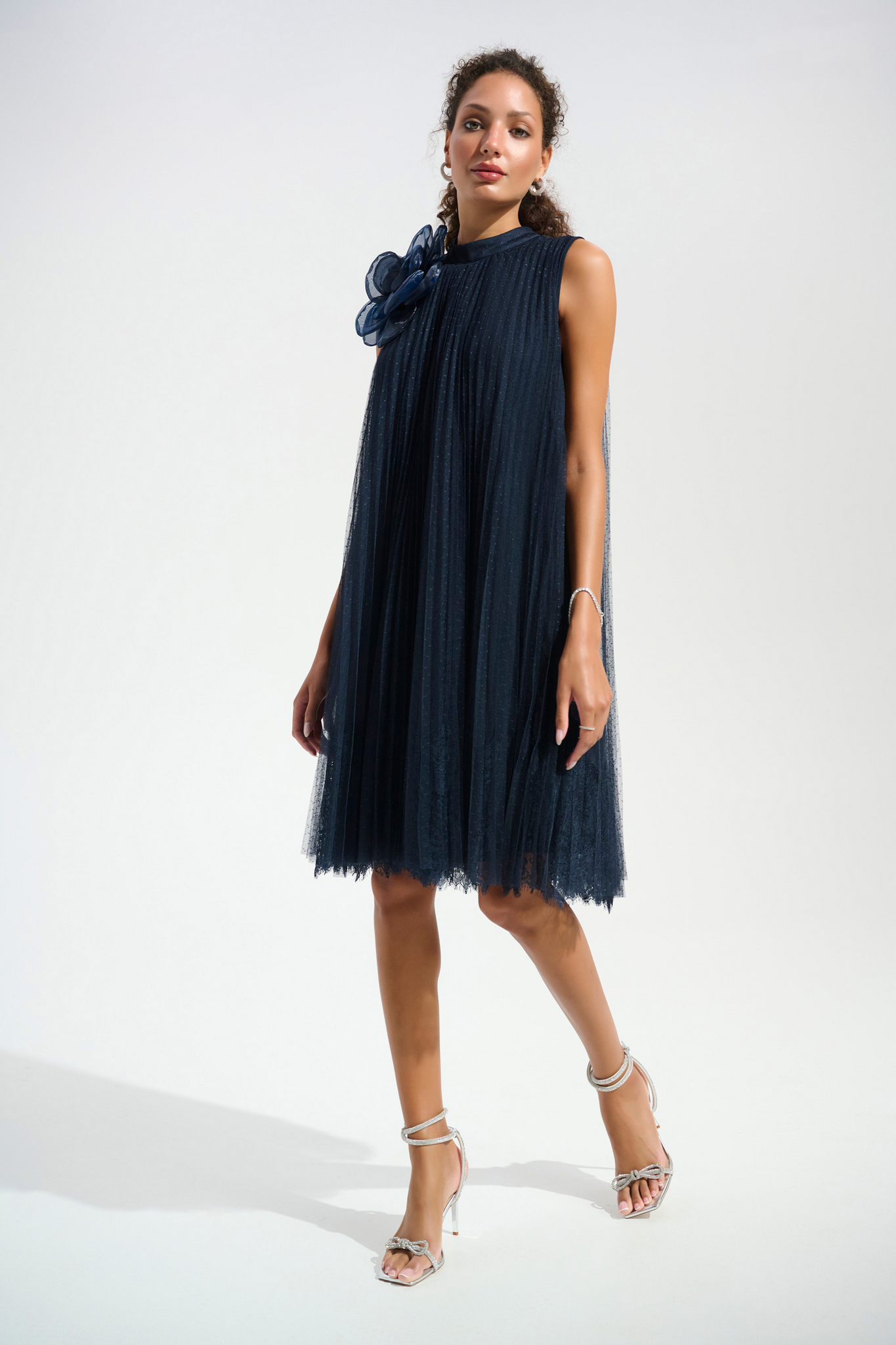 Joseph Ribkoff 261737 Signature | Mesh And Lace A-Line Dress With Organza Flower Detail