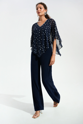 Joseph Ribkoff 261766 Signature | Silky Knit Dot Print Poncho With Rhinestones Trim