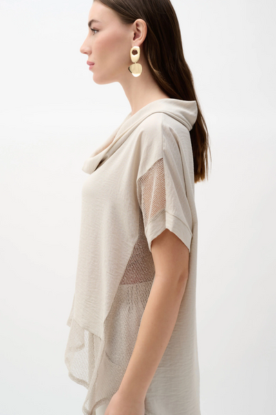 Joseph Ribkoff 262045 Woven Gauze And Mesh Boxy Top With Cowl Collar