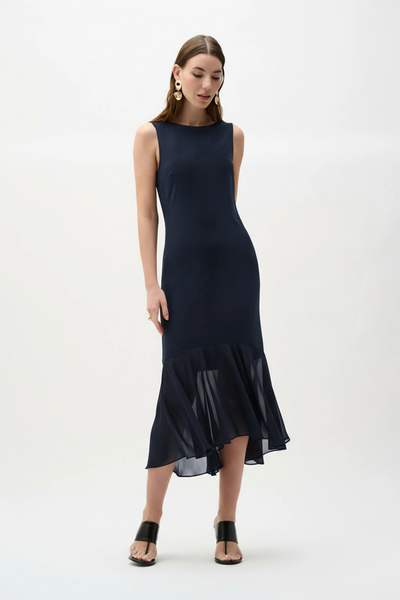 JOSEPH RIBKOFF 262035 Silky Knit And Chiffon Flounce Dress in black or midnight