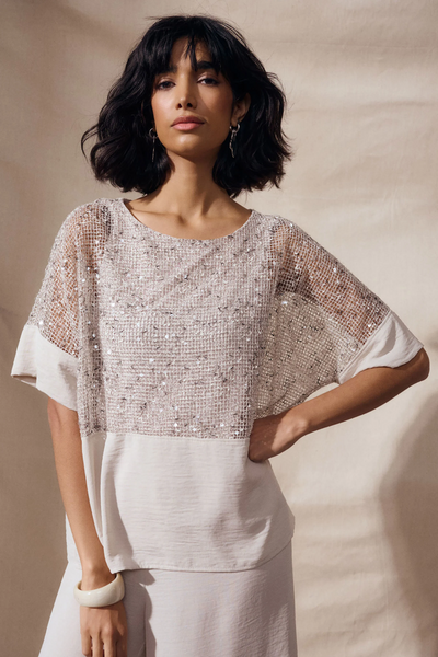 Joseph Ribkoff 262256 Sequined Mesh and Gauze Boxy Top