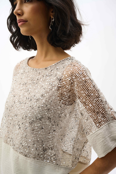 Joseph Ribkoff 262256 Sequined Mesh and Gauze Boxy Top