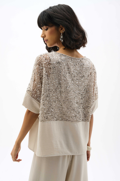 Joseph Ribkoff 262256 Sequined Mesh and Gauze Boxy Top