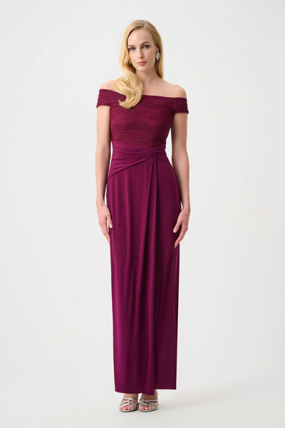 Joseph Ribkoff 261733 Signature | Silky Knit And Cascade Off-Shoulder Sheath Gown