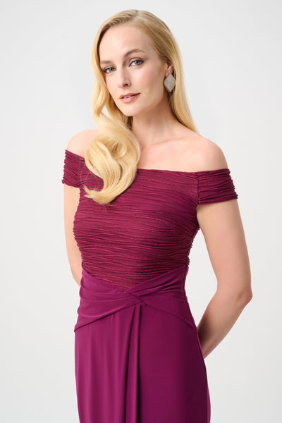 Joseph Ribkoff 261733 Signature | Silky Knit And Cascade Off-Shoulder Sheath Gown