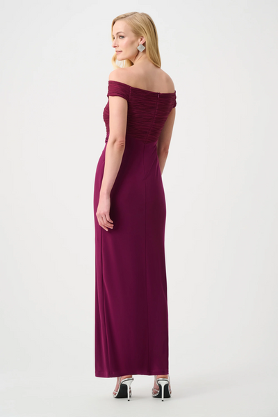 Joseph Ribkoff 261733 Signature | Silky Knit And Cascade Off-Shoulder Sheath Gown