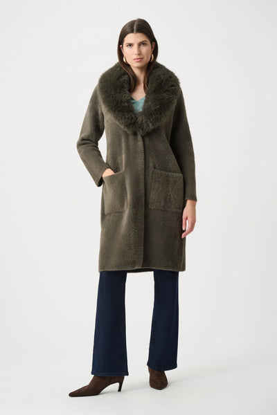 JOSEPH RIBKOFF 263973 Yarn Knit Coat With Detachable Faux Fur Collar