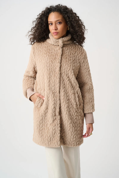 JOSEPH RIBKOFF 263915 Textured Faux Fur Mock-Neck Coat