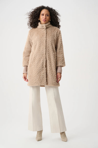 JOSEPH RIBKOFF 263915 Textured Faux Fur Mock-Neck Coat