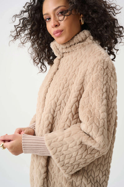 JOSEPH RIBKOFF 263915 Textured Faux Fur Mock-Neck Coat