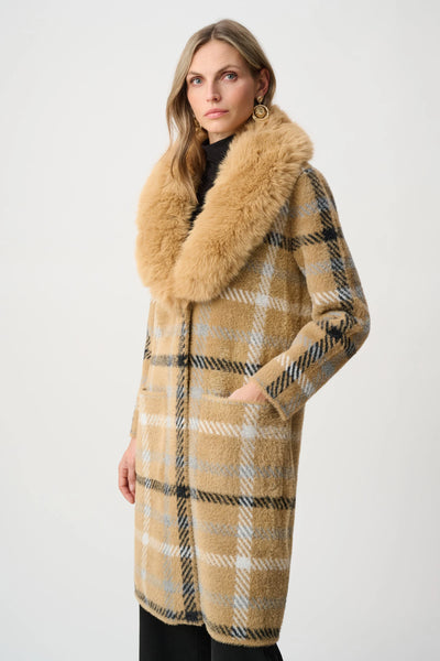JOSEPH RIBKOFF 263954 Feather Yarn Plaid Coat With Detachable Faux Fur Collar
