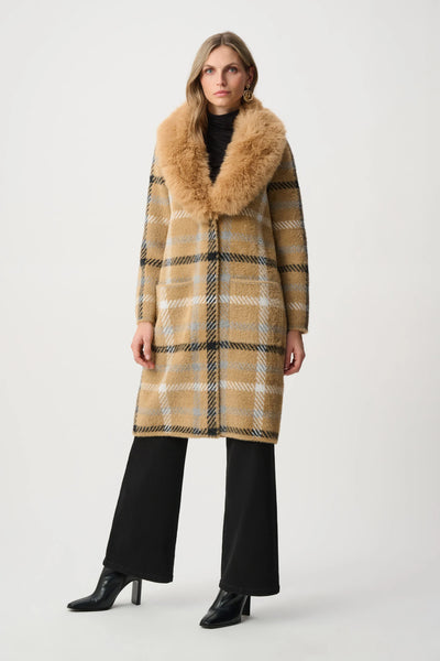 JOSEPH RIBKOFF 263954 Feather Yarn Plaid Coat With Detachable Faux Fur Collar