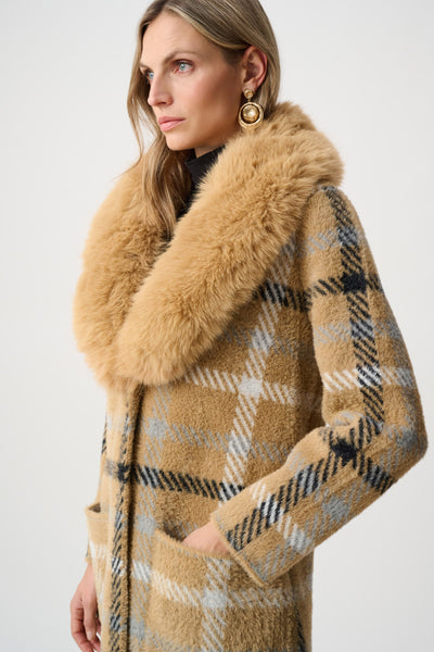 JOSEPH RIBKOFF 263954 Feather Yarn Plaid Coat With Detachable Faux Fur Collar