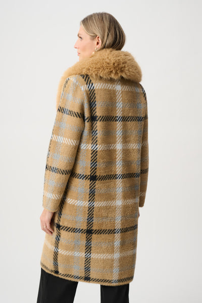JOSEPH RIBKOFF 263954 Feather Yarn Plaid Coat With Detachable Faux Fur Collar